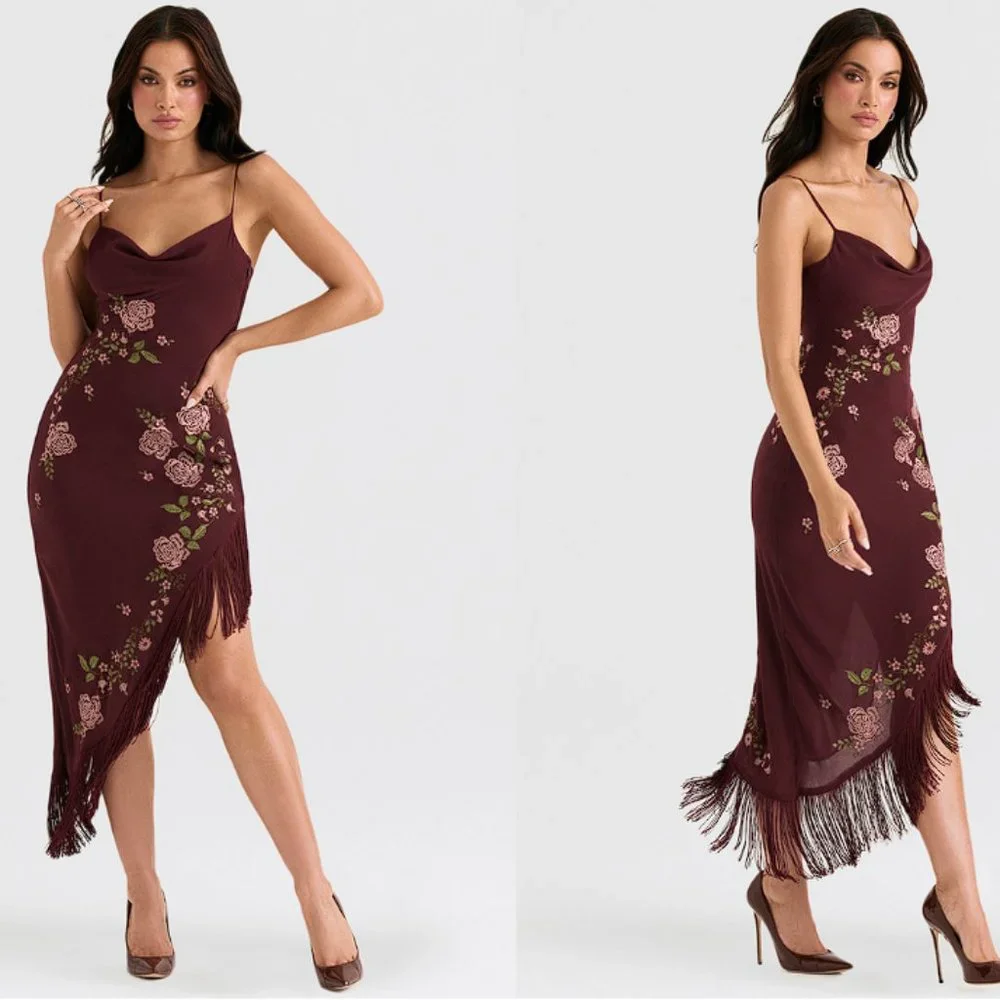 HOUSE OF CB 'Eloisa' Wine Embroidered Midi Dress NWOT - Picture 3 of 9